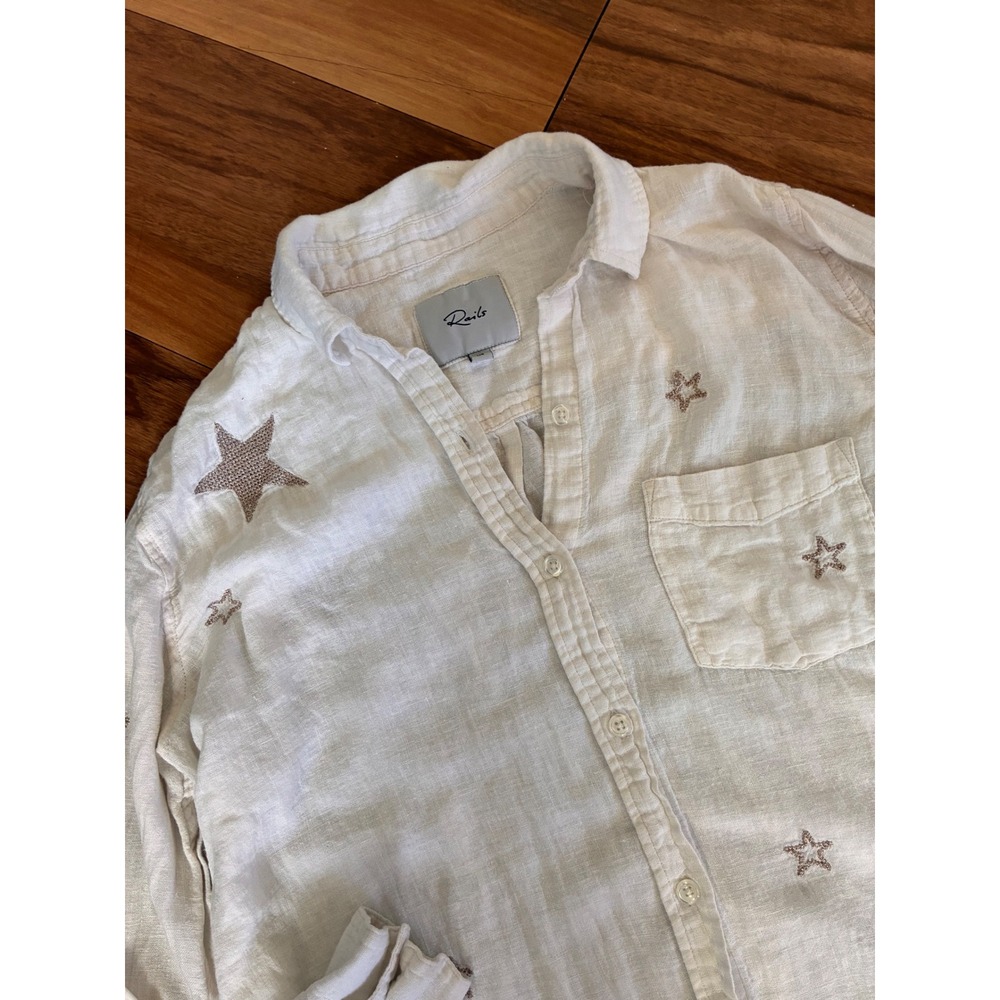 Rails White Linen Blend Celestial Star Embroidered Button Down Shirt XS
